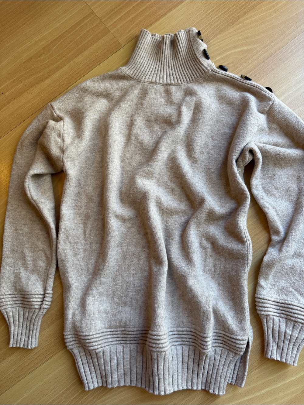 Neutral Beige Ribbed Turtleneck Sweater with Shoulder Buttons